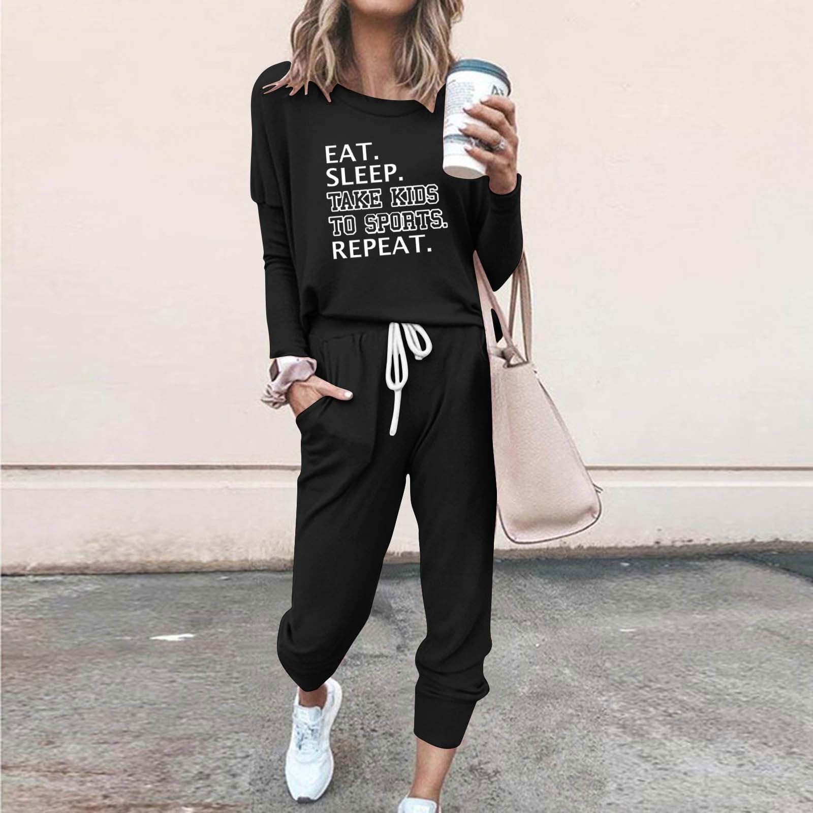 TrendVibe365 Sweat Outfits for Women 2 Pieces Plus Size Funny Sayings Letters Crewneck Long Sleeve Shirts and Jogger Sweatpants Sports Slim Outfits Activewear Tracksuit Jogging Suits Sweatsuits Walmar...