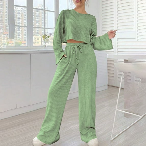 TrendVibe365 Sweater Outfits for Women 2 Piece Knit Sweater Fall Winter Strip Homewear Knitted Long sleeved Suit Round Neck Top shirt Set Green S