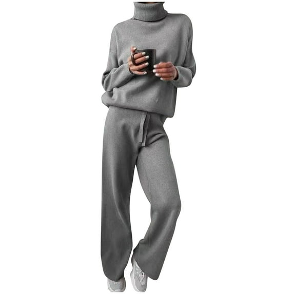 TrendVibe365 Sweater Outfits for Women 2 Piece Knit Sweater Winter High Neck Solid Color Sweater Knitted Two Piece Set Gray M