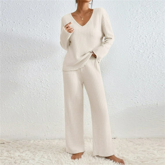 TrendVibe365 Sweater Outfits for Women 2 Piece Plus Size Solid Knitted Round Neck Long Sleeve Casual Pants Set Beige L