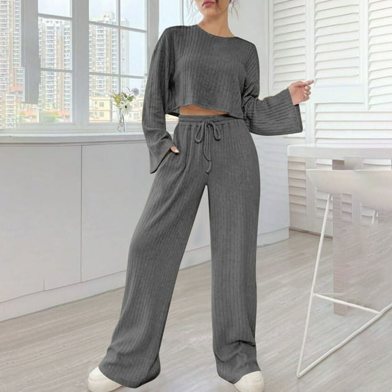 TrendVibe365 Sweater Sets Women 2 Piece Clothing Set Fall Winter Strip Homewear Knitted Long sleeved Suit Round Neck Top shirt Set Gray S