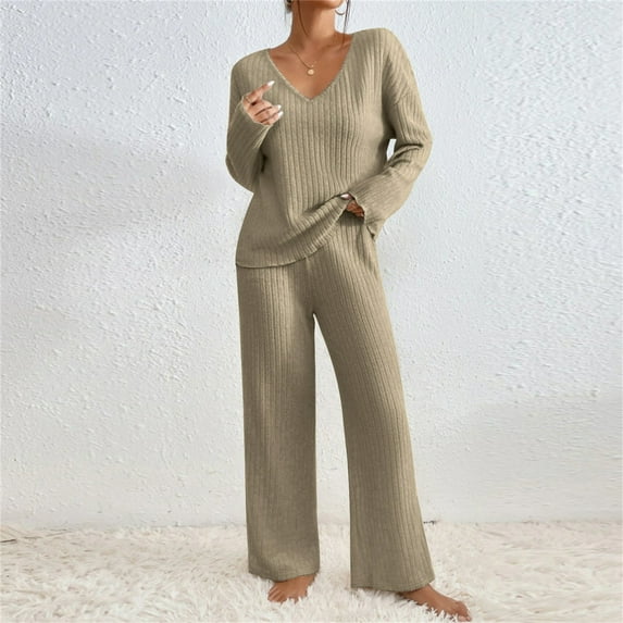 TrendVibe365 Sweater Sets for Women 2 Piece Pant Sets Solid Knitted Round Neck Long Sleeve Casual Pants Set Khaki XL