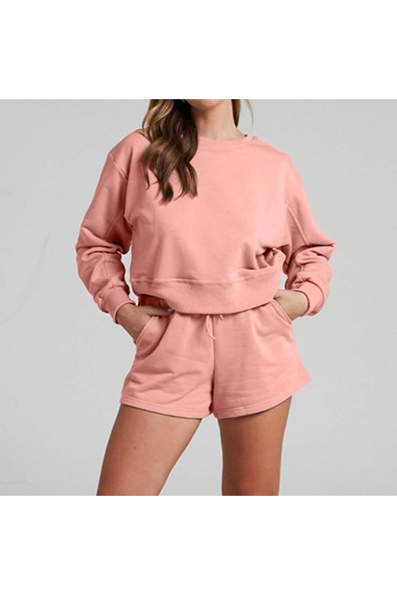 Sweatsuit Set for Women Short Solid Color Croped Crewneck Long Sleeve Sweatshirts and Shorts Fit Workout Outfits Activewear Tracksuit Jogging Suits Sweatsuits