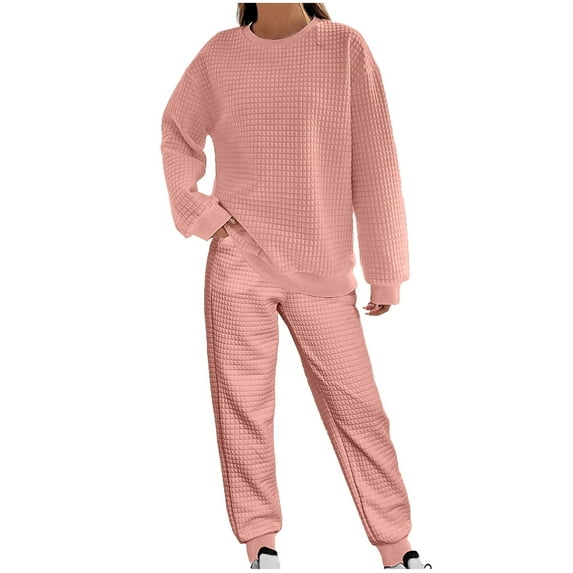 successthop Sweatsuits 2PCS Sets Womens Solid Color Waffle Knit Crewneck Long Sleeve Shirts and Jogger Sweatpants Trendy Fashion Outfits Activewear Tracksuit Jogging Suits Sweatsuits