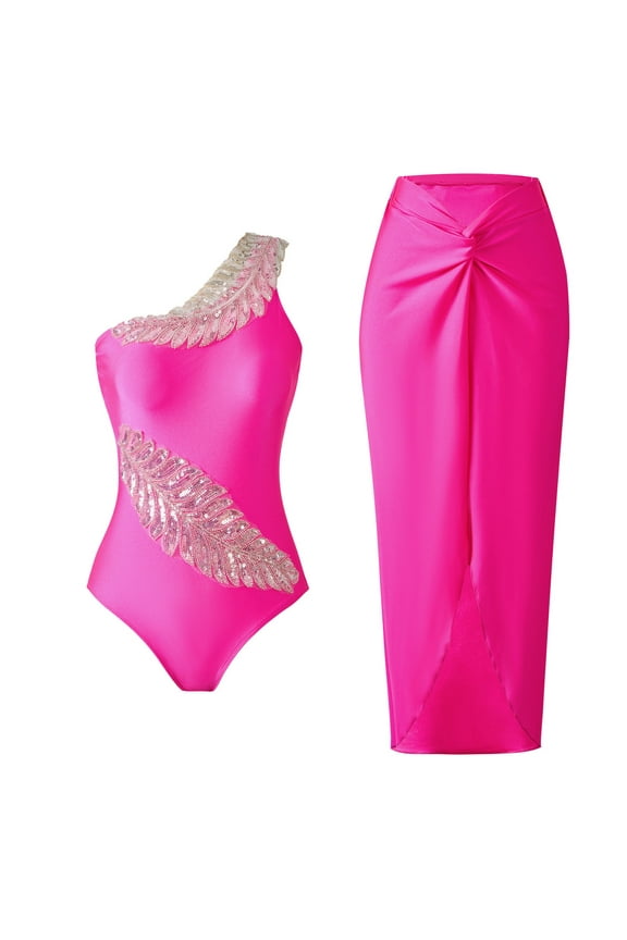 Swim Dress for Women Swimwear Hot Pink 2 Piece Cover up Skirt One Shoulder Built in Bra Bathing Suits Solid Swimwear Beachwear M