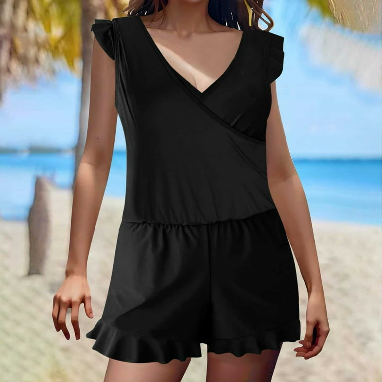 TrendVibe365 Swim Romper with Pockets One Piece Swimsuits Built In Bra Ruffle Sleeve V Neck Swim Jumpsuit with Pockets Bathing Suit Solid Loose Fit Vacation Swimwears Walmart