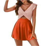 SUCCESSTHOP TrendVibe365 Swimsuit Dress Women One Piece Black Swim Dress Adjustable Shoulder Strap V Neck with Padded Bras Solid Swimwear Beachwear M