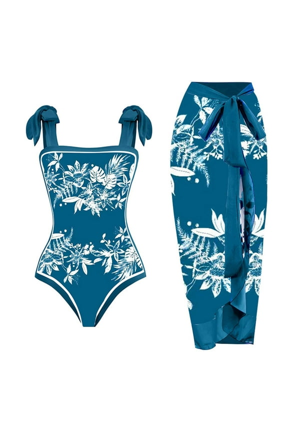 Swimsuit for Women Adjustable Strap Bandeau One-Piece Modest Hawaiian Floral Retro Romper Bathing Suit with Beach Cover up Wrap Skirt Sarong Modest High Cut Bikinis Tankinis