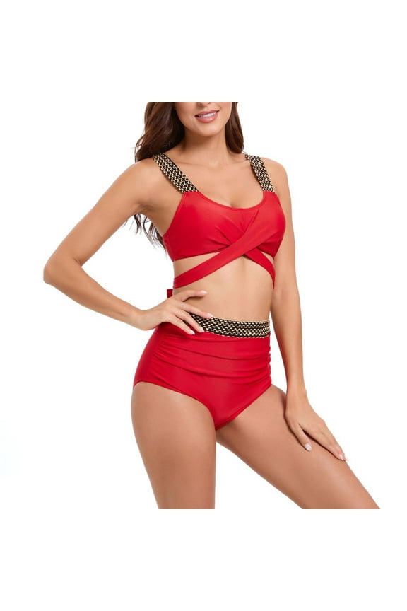 TrendVibe365 Swimsuit for Women 2024 Bikini 2 Piece High Waist Tummy Control Scoop Neck Bathing Suit Solid Twist Front Cross Stitched Slimming Bandage Swimwear Cheeky Monokini Brief Thong Fashion