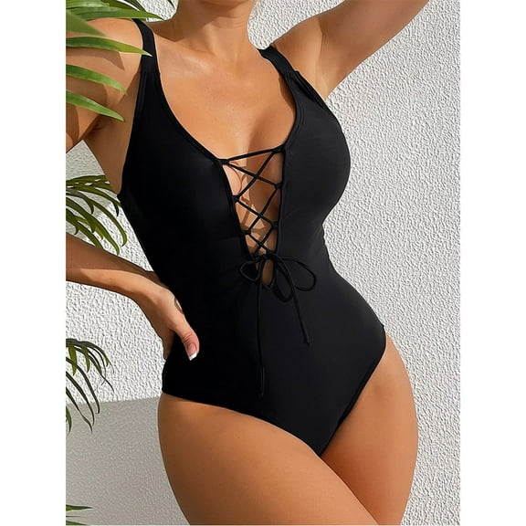 TrendVibe365 Swimsuit Women Modest Adjustable Strap V Neck One-Piece Backless Monokinis Hollow Cutout String Tie Solid Romper Swimming Suits Modest High Cut Bikinis Tankinis for Holiday Seaside