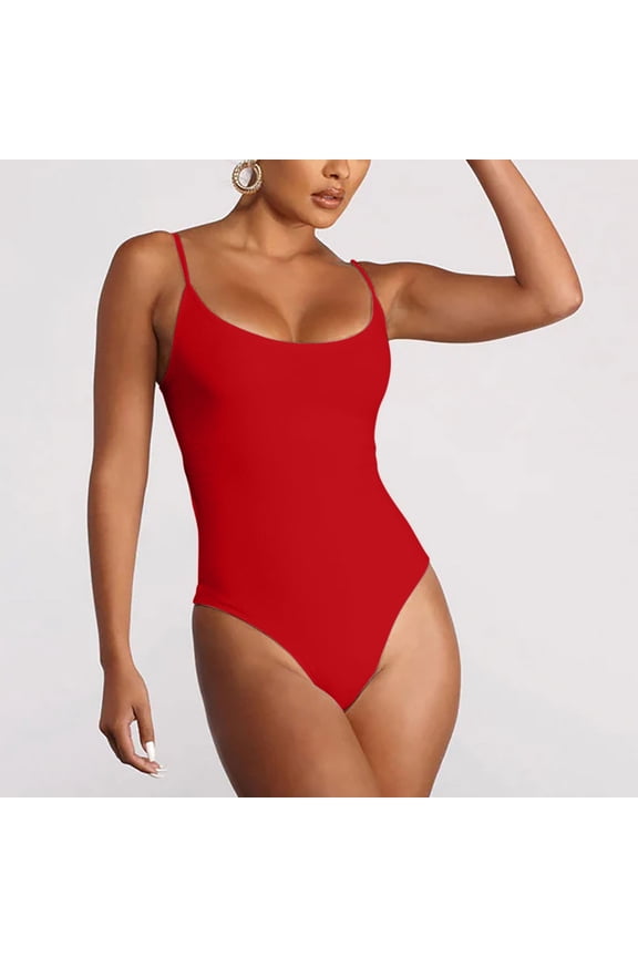 Swimsuit Women One Piece Spaghetti Strap Bandeau Bikinis Backless Monokinis String Solid Romper Swimming Suits Modest High Cut Tankinis for Holiday, Travel and Seaside