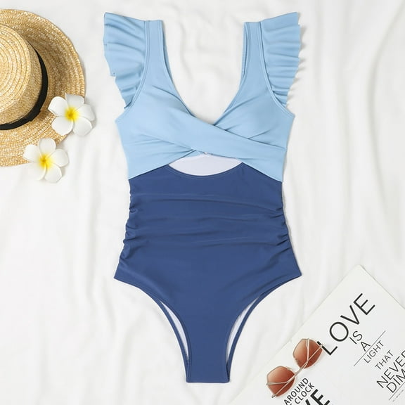 successthop Swimsuits for Women One Piece Cutout Monokini Padded High Waist Twist Front Wrap Ruffle Sleeve V Neck Bodysuit Romper Modest Bathing Suit Color Block Slimming Trendy Swimwears