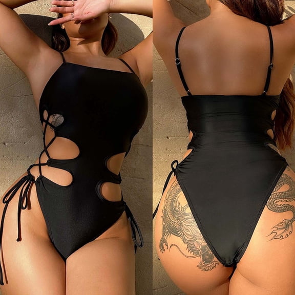 successthop Swimsuits for Women Spaghetti Strap Bandeau One-Piece Backless Monokinis Blets Tie Hollow Cutout Romper Bathing Suit Modest High Cut Bikinis Tankinis for Holiday Seaside