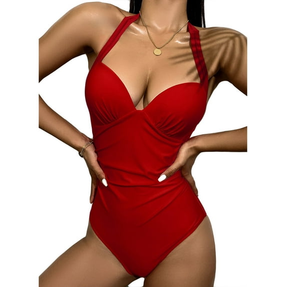 TrendVibe365 Swimwear for Women Strap Halter V Neck One-Piece Backless Monokinis Solid Retro Vintage Swimming Suits Sexy Slimming Bikinis Tankinis for Holiday, Travel and Seaside