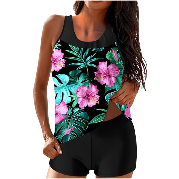 TrendVibe365 Tankini Swimsuits for Older Women 2 Piece Ruffle Flounce V Neck Tunics Bathing Suits Blouson Tropical Floral Loose Fit Beachwear Modest Short Sleeve Swim Shirts Boyshort Boho Flattering