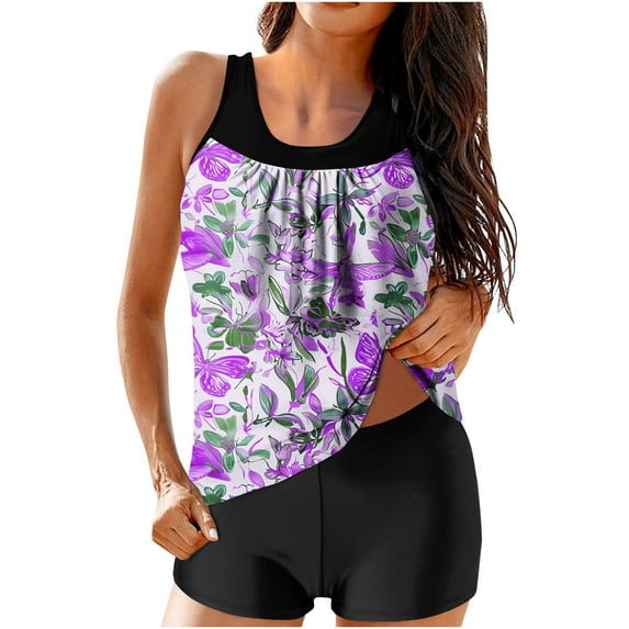 successthop Tankini Swimsuits for Women Purple 2 Piece Bathing Suits Boyfriend Shorts Tank Floral Swimwear Beachwear S