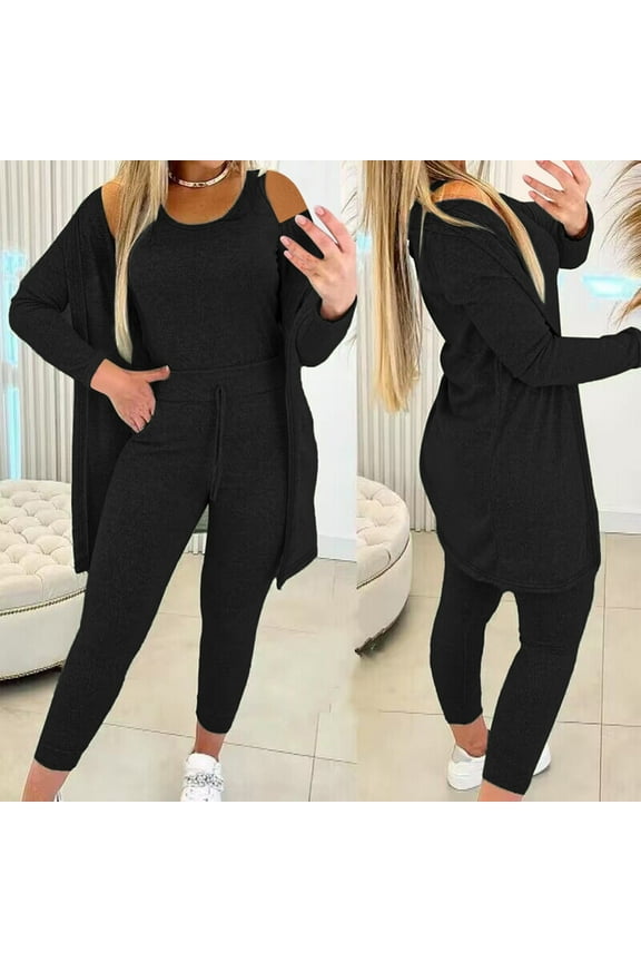 TrendVibe365 Three Piece Lounge Sets for Women Solid Color Cardigan Crewneck Sleeveless Tank Top and Jogger Sweatpants Sports Slim Outfits Activewear Tracksuit Jogging Suits Sweatsuits