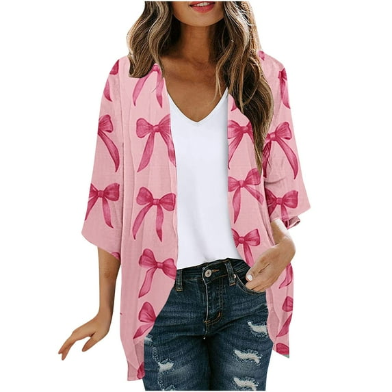 successthop Today Lightweight Summer Cardigan Womens Summer Casual Loose Cardigan Tops Print 3/4 Sleeve B Everyday Wear Beach Vacation Outfits Going Out Cardigan Resort Wear