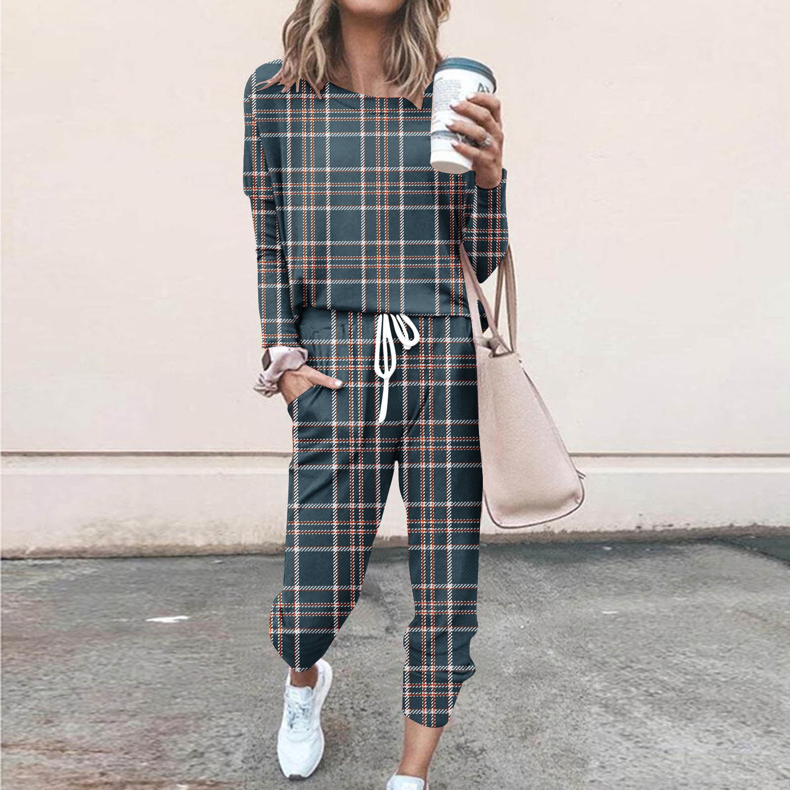 TrendVibe365 Tracksuit for Womens Plaid Crewneck Long Sleeve Shirts and Jogger Sweatpants Trendy Fashion Outfits Activewear Tracksuit Jogging Suits Sweatsuits Walmart