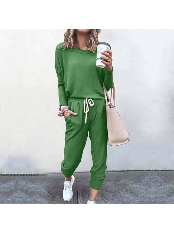 Tracksuit for Womens Solid Color Crewneck Long Sleeve Shirts and Jogger Sweatpants Trendy Fashion Outfits Activewear Tracksuit Jogging Suits Sweatsuits