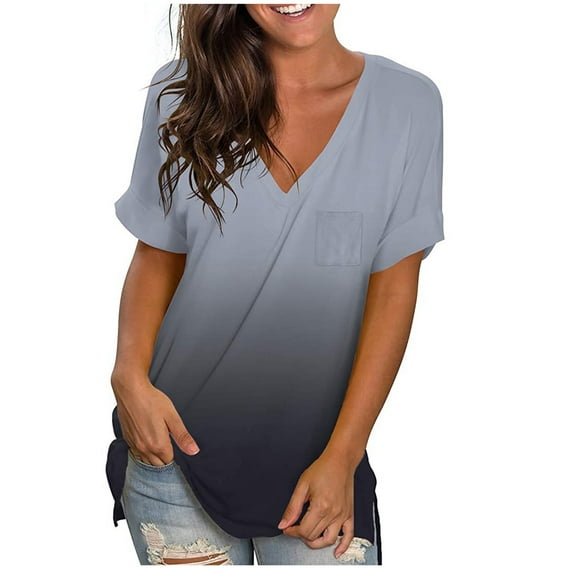 successthop Trendy Tops for Women Spring Tunic Gradient Split Hem Shirts Short Sleeve Tees Blouse V Neck Tshirts Loose Fit Pullovers Clothes