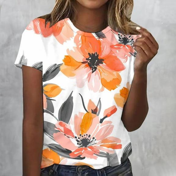 successthop Tshirts Shirts for Women Graphic Orange Shirts Vintage Retro Floral Funny Tops Crew Neck Tshirts Short Sleeve Tee Blouse Y2k Clothes