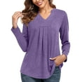 thumbnail image 1 of TrendVibe365 Tunic Tops to Wear with Leggings Purple Solid Color Pleated Curved Hem Basic Oversized Shirts Notch V Neck Holiday Gifts Pullovers Long Sleeve Tops Tunic Cute Casual Clothes M(US=6), 1 of 8