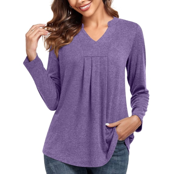 TrendVibe365 Tunic Tops to Wear with Leggings Purple Solid Color Pleated Curved Hem Basic Oversized Shirts Notch V Neck Holiday Gifts Pullovers Long Sleeve Tops Tunic Cute Casual Clothes M(US=6)