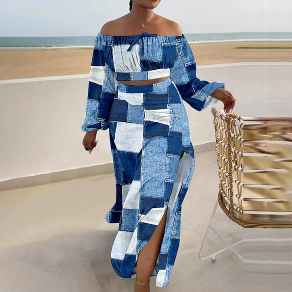 successthop Two Piece Lounge Set Cozy Patchwork Croped Bandeau Off Shoulder Long Sleeve Shirts and Slit Maxi Skirt Casual Travel Pajamas Lounge Set Loungewear Summer Outfits