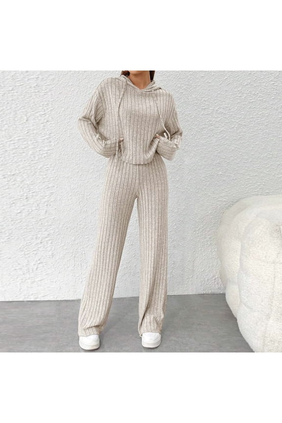 Two Piece Lounge Set Solid Color Ribbed Knit Hoodie Long Sleeve Shirts and Long Pants Comfy Trendy Pajamas Lounge Set Loungewear Summer Outfits