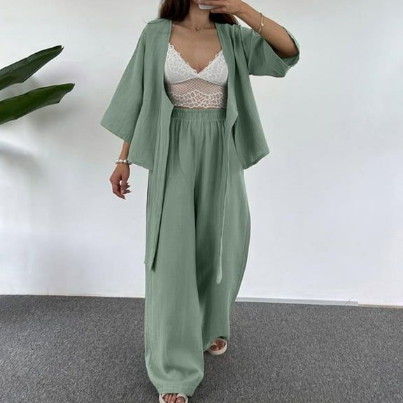 successthop Two Piece Lounge Set for Women Solid Color Cardigan Belts Crewneck 3/4 Sleeve Shirts and Wide Leg Long Pants Cosy Loose Fit Pajamas Lounge Set Loungewear Summer Outfits