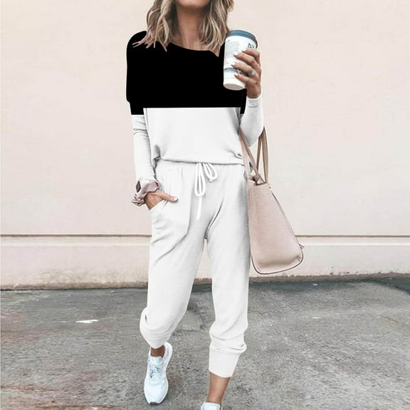 TrendVibe365 Two Piece Sweatsuit Sets for Women Patchwork Crewneck Long Sleeve Shirts and Jogger Sweatpants Trendy Fashion Outfits Activewear Tracksuit Jogging Suits Sweatsuits