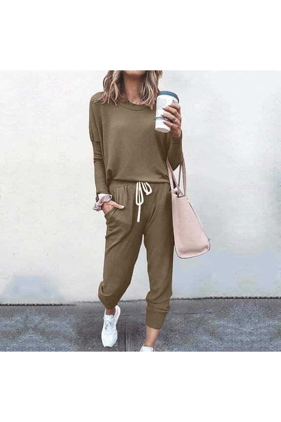 Two Piece Sweatsuit Sets for Women Solid Color Crewneck Long Sleeve Shirts and Jogger Sweatpants Trendy Fashion Outfits Activewear Tracksuit Jogging Suits Sweatsuits