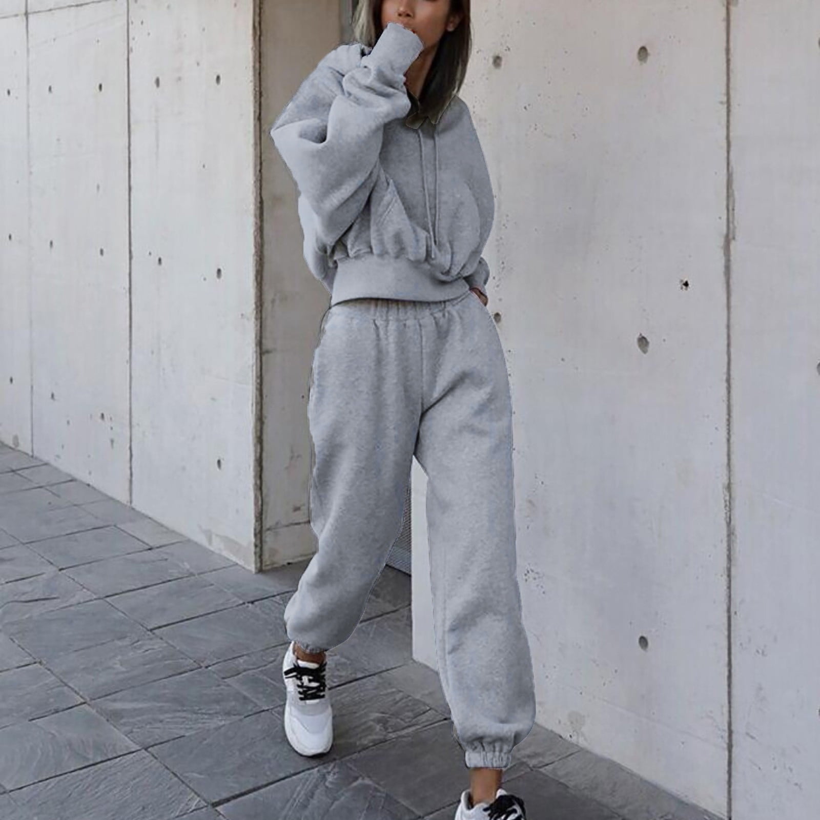 TrendVibe365 Two Piece Sweatsuit Sets for Women Solid Color Croped Hoodie Long Sleeve Sweatshirts and Jogger Sweatpants Trendy Fashion Outfits