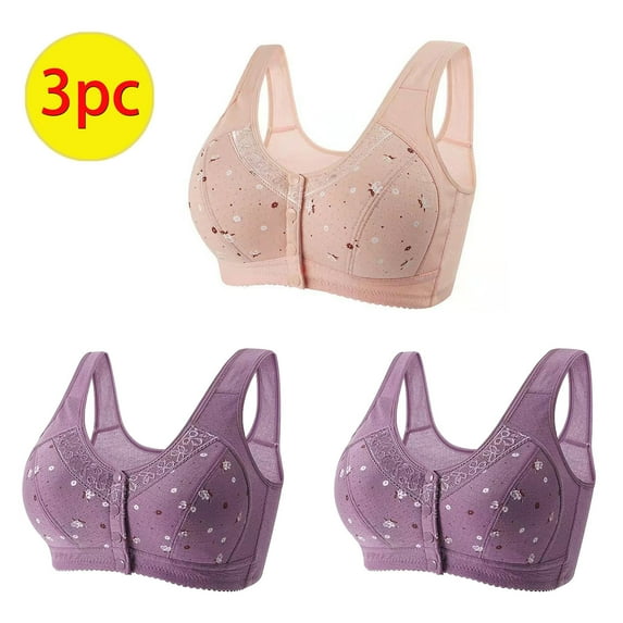TrendVibe365 No Underwire Bras for Women 3 Pack Daisy Floral Wirefree Push up Bralette Padded Button Front Closure Wide Strap Corset Full Coverage Crop Tank Top Comfortable Underwear Pink L