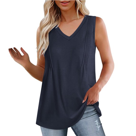 TrendVibe365 V Neck Tank Tops for Women Summer Tunic Pleated Solid Flowy Curvy Hem Shirts Sleeveless Tees Blouse V Neck Tshirts Loose Fit Pullovers Outfits