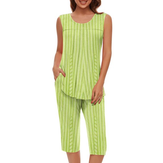 successthop Womens Summer Pajamas Capri Sets Army Green Lightweight Striped Sleeveless Tank Tops 2 Piece Loungewear L