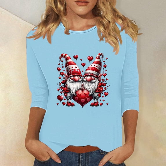 TrendVibe365 Valentines Day Clothes 3/4 Womens Shirts Casual Plus Size with Crew Neck Polyester Casual Love Heart Printed Lover Gift Blouse Tops for Valentines Gifts Pink XL