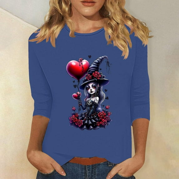 TrendVibe365 Valentines Day Clothes Ladies Tops and Blouses 3/4 Sleeve Dressy Plus Size Round Neck Polyester Casual Love Heart Printed Lover Gift Blouse Tops for Valentines Gifts Pink M