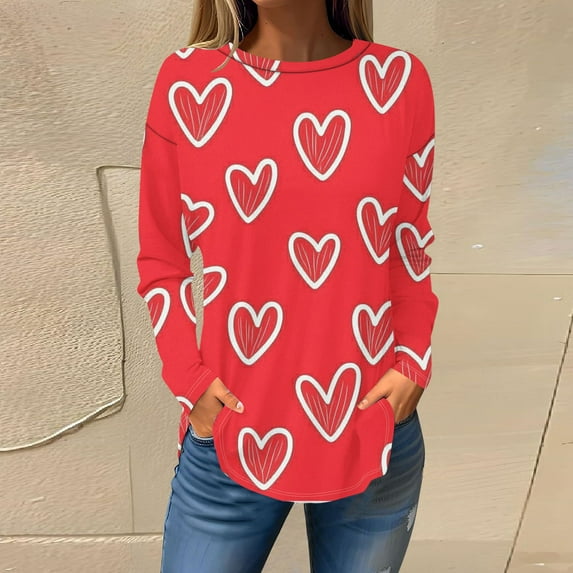 TrendVibe365 Valentines Day Clothes Plus Size Long Sleeve Tops for Women Dressy Plus Size Tunic with Crew Neck Polyester Casual Love Heart Printed for Leggings for Valentines Gifts Red 3XL