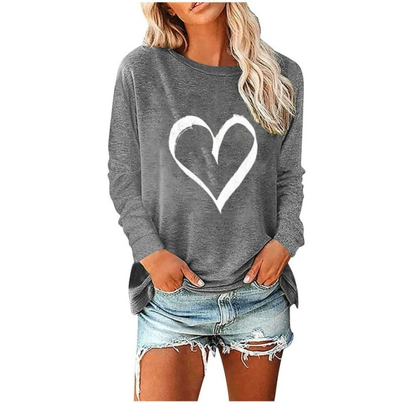 TrendVibe365 Valentines Womens Tops Holiday Tops for Women Long Sleeve Crew Neck Polyester Casual Love Heart Printed Lover Gift Blouse Tops for Valentines Gifts Pink XL
