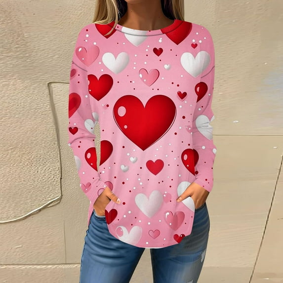 TrendVibe365 Valentines Womens Tops Womens Tunic Tops Plus Size Plus Size Long Sleeve Round Neck Polyester Casual Love Heart Printed for Leggings for Valentines Gifts Pink XL