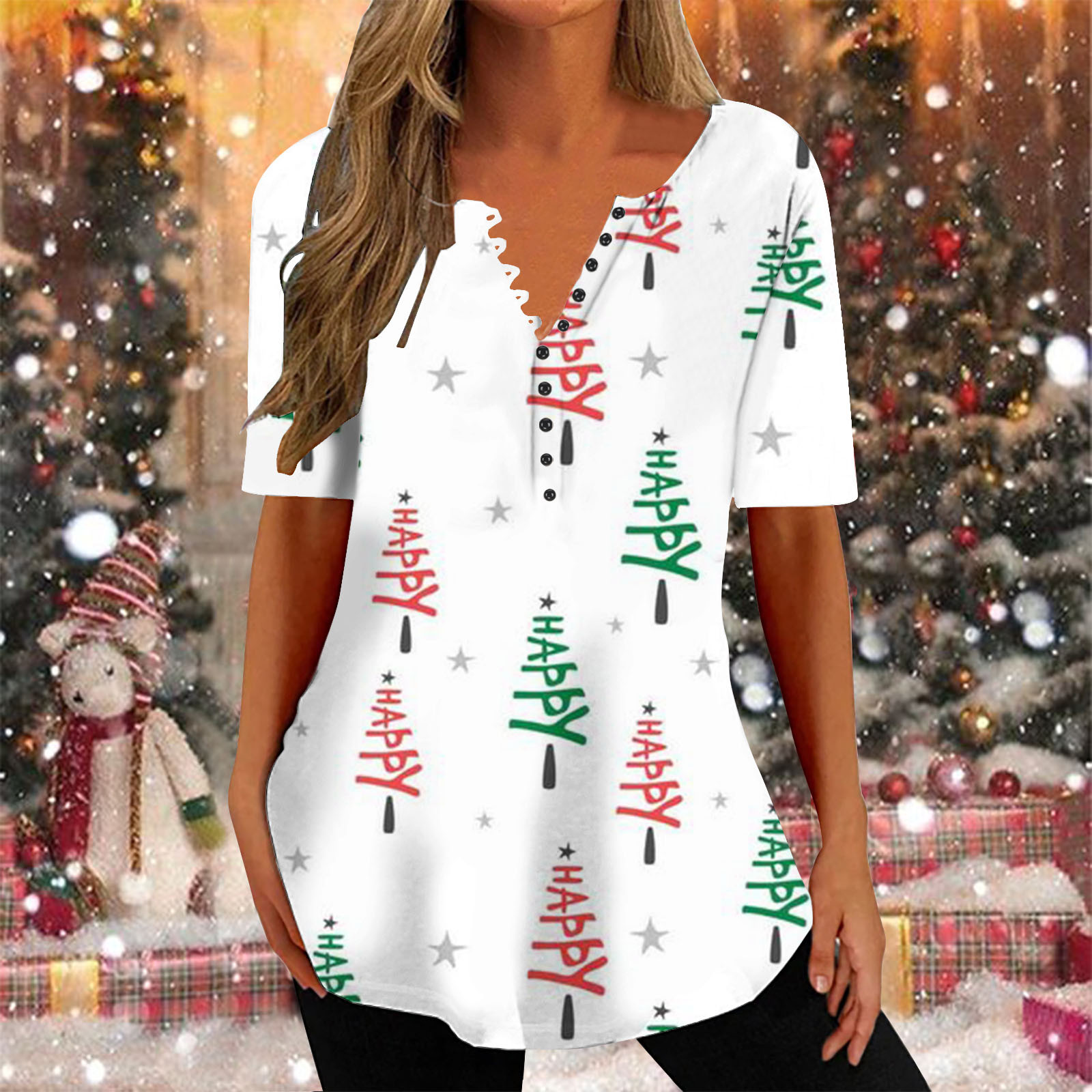 TrendVibe365 Vneck Women Christmas Tshirts Christmas Tree Xmas Tshirts