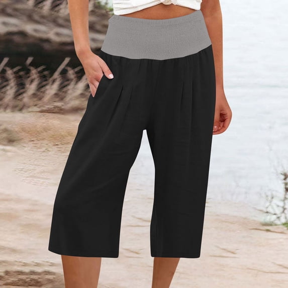 successthop Wide Leg Capris for Women Cotton Blend Summer Beach Wide Leg Capris Mid Waisted Palazzo Gaucho Capris Pants Color Block Loose Fit Trendy Pull on Elastic Waist Trousers w Pockets Relaxed
