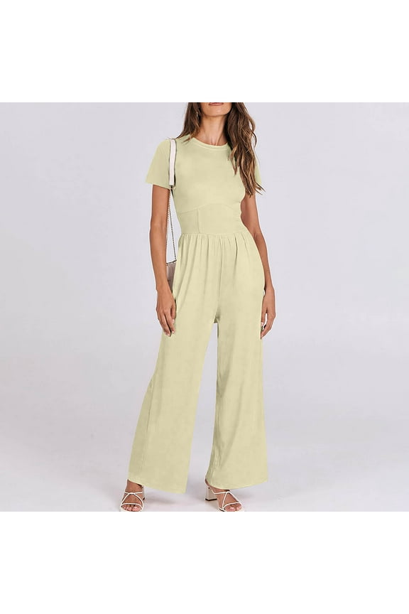 Wide Leg Jumpsuits for Women Beige Ribbed Pants Solid Elastic Empire Waist Oversized Wide Leg Flattering Overalls Long Short Sleeve Rompers One Piece Free Dupe