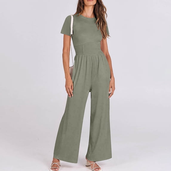 TrendVibe365 Wide Leg Jumpsuits for Women Gray Ribbed Pants Solid Elastic Empire Waist Oversized Wide Leg Elegant Overalls Long Short Sleeve Rompers One Piece Free Doop