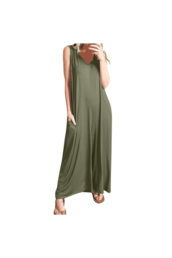 successthop Wide Leg Jumpsuits for Women Green Pants Solid V Neck Loose Fit Palazzo Elegant Overalls Tank Flowy Long Sleeveless Rompers One Piece Free Doop