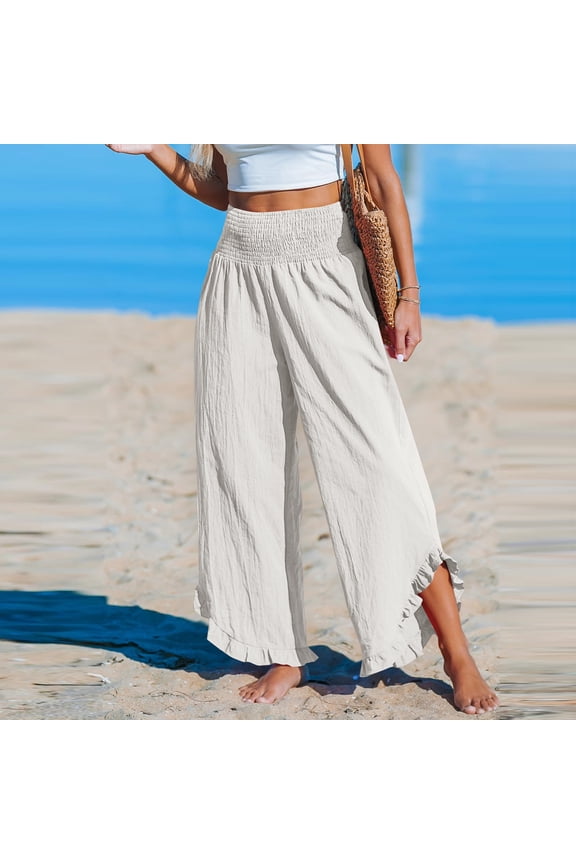 Wide Leg Pants Woman Summer Beach Wide Leg Pants High Waisted Palazzo Gaucho Long Pants Ruffle Hem Loose Fit Flowy Summer Pull on Elastic Waistband Button Trousers Comfy