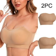 TrendVibe365 Wireless Bra Women Pack of 2 Bandeau Stretchy Wirefree Push up No Show Bralettes Padded Multiway Convertible Straps Adjustable Spaghetti Strap Clear Strap Corset Top Cami Underwear Nude