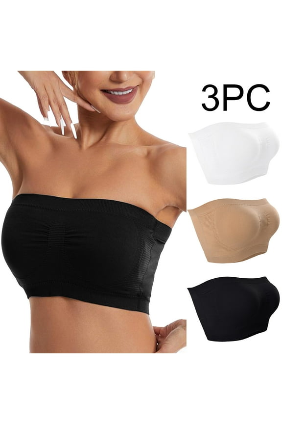 Wireless Strapless Bra Women 3 Pack Bandeau Stretchy Wirefree Push up No Show Bralette Padded Corset Top Full Coverage Comfy Underwear Nude XL